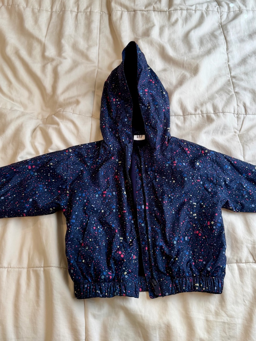 GAP Kids Navy Hooded Rain Jacket with Pink & White Galaxy Dots